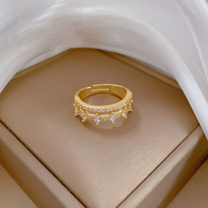 【Real Gold】Full Diamond Double Layer Wedding Ring Adjustable Open Ring Simple Hand Jewelry Japanese Style Couple Rings