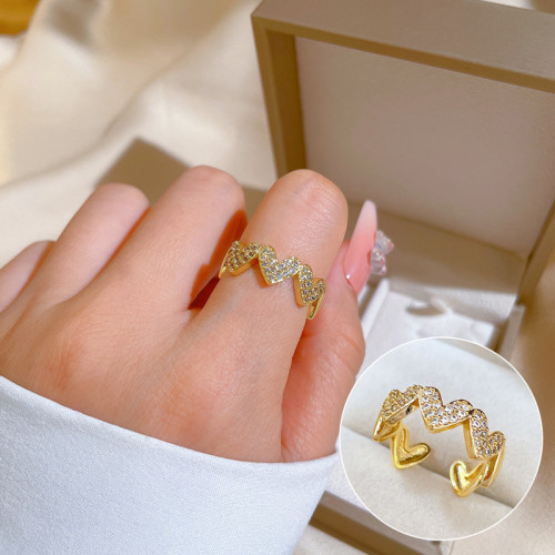 【Real Gold Plating】Open Heart Women's Fashion Micro Inlay Light Luxury Ring Index Finger Ring Internet Celebrity Same Style Minimalist Style