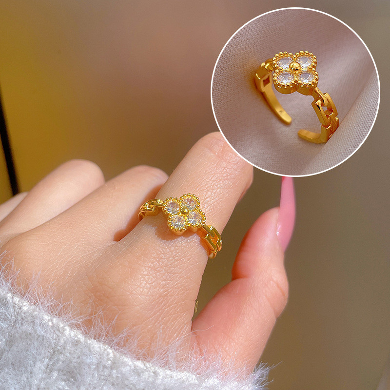 【Real Gold Plating】Open Ring for Women Lucky Clover Fashion Ring Index Finger Ring Internet Celebrity Same Style Simple Minimalist Style