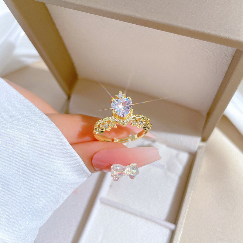 [Real Gold] Crown Heart Full Diamond Ring Adjustable Open Simple Hand Jewelry Japanese Style Couple Rings
