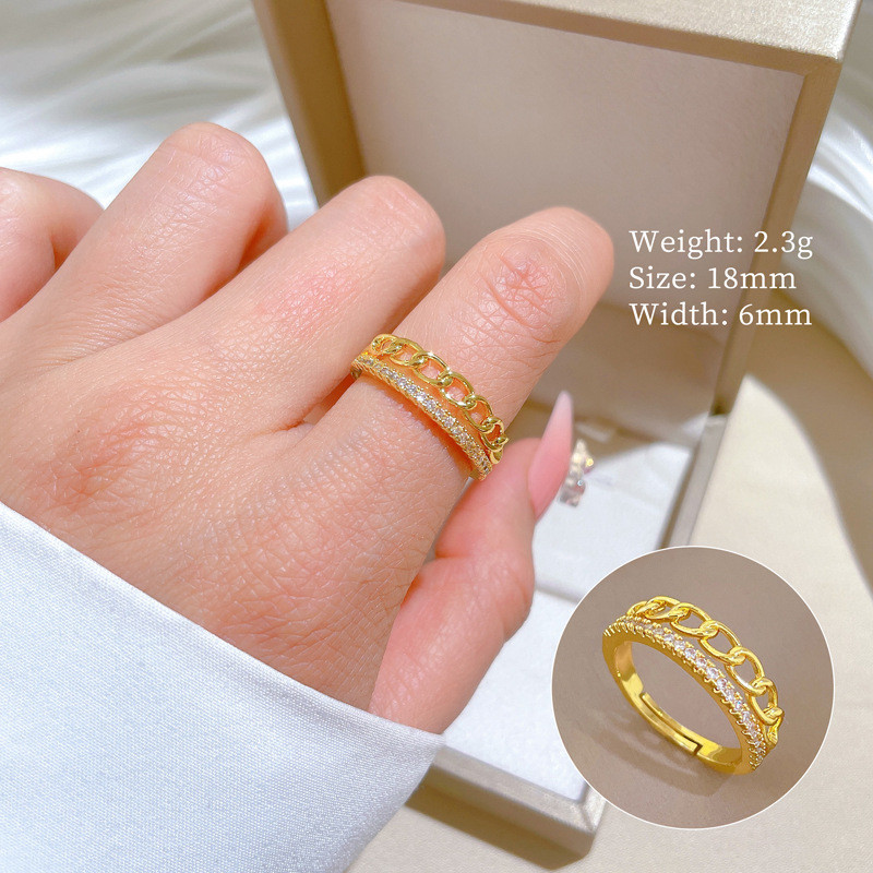 【Real Gold Plating】Open Chain Women's Fashion Micro Inlay Light Luxury Ring Index Finger Ring Internet Celebrity Same Style Minimalist Style