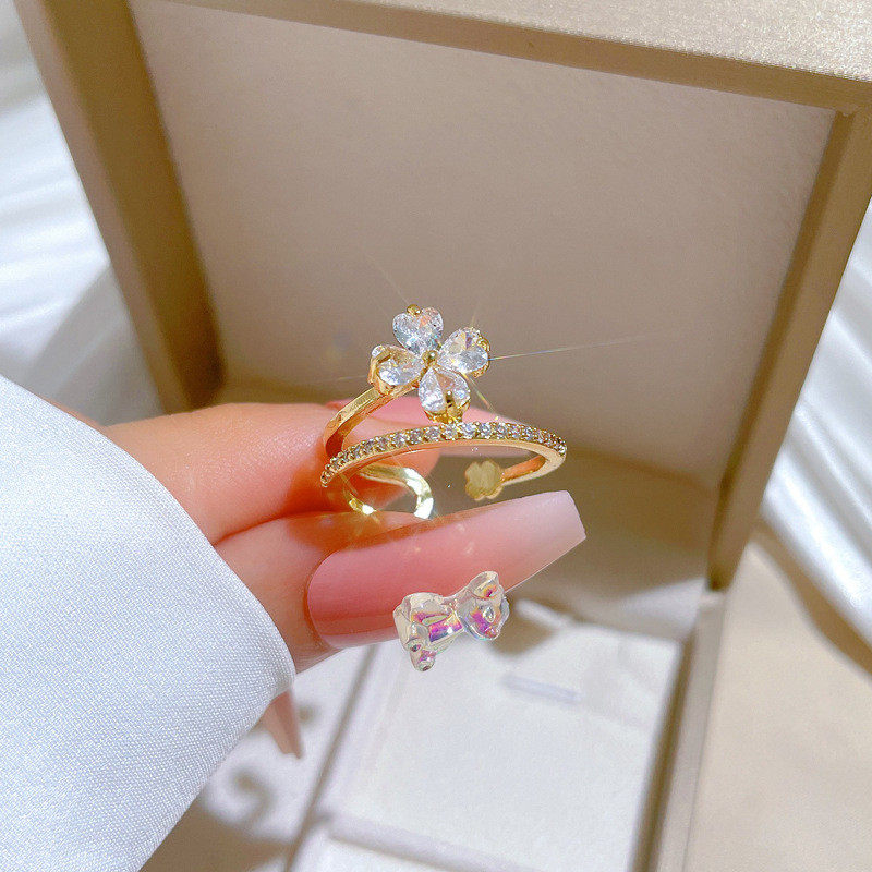 【Real Gold】Lucky Flower Full Diamond Ring Adjustable Open Simple Hand Jewelry Japanese Style Couple Rings