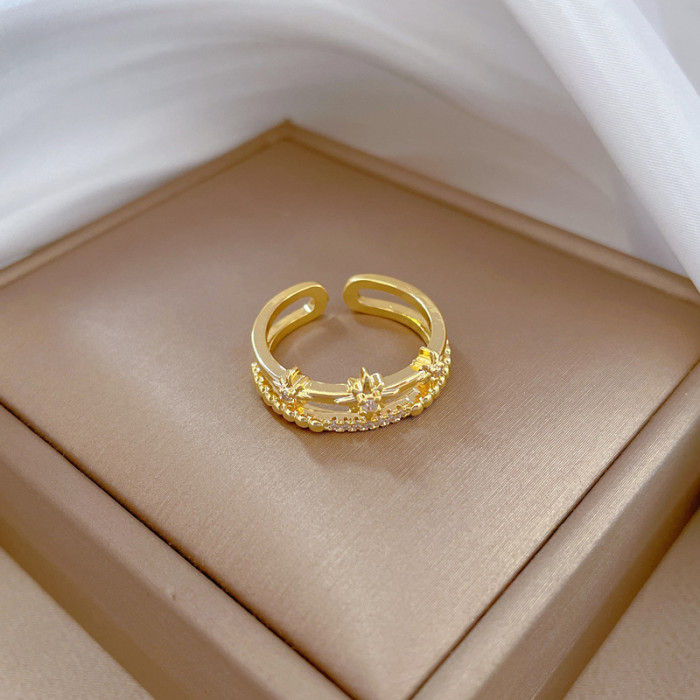 【Real Gold】Luxury Full Diamond Star Ring Adjustable Open Simple Hand Jewelry Japanese Style Couple Rings