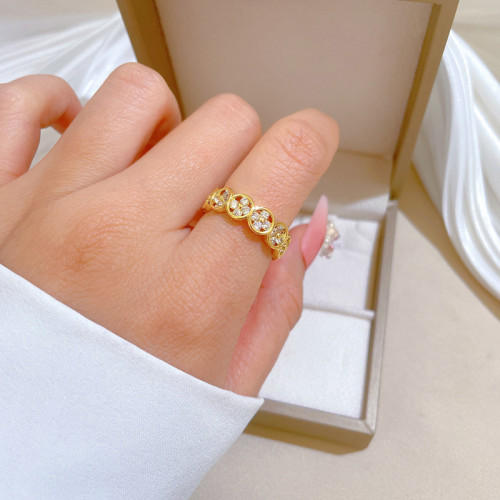 【Real Gold】Lucky Clover Full Diamond Ring Adjustable Open Simple Hand Jewelry Japanese Style Couple Rings