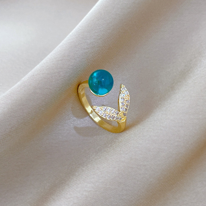 [Real Gold] Korean Version Super Shiny Green Gemstone Crystal Fish Tail Ring Adjustable Open Simple Japanese Style Ring