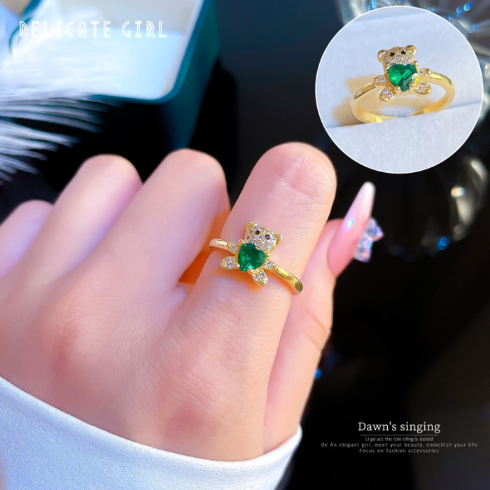 [Real Gold] Inlaid Diamond Bear Open Ring for Women, Korean and Japanese Niche Simple Design Index Finger Ring, Internet Celebrity Ring