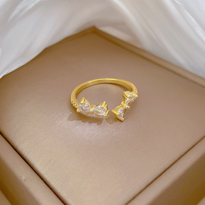 【Real Gold】Butterfly Knot Full Diamond Ring Adjustable Open Simple Hand Jewelry Japanese Style Couple Rings