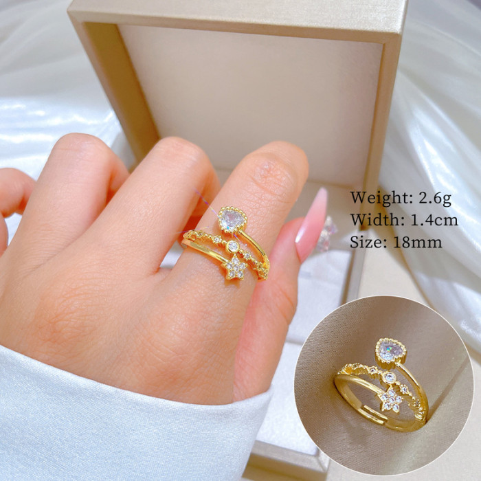 [Real Gold Plating] European and American Design Ins Style Geometric Diamond-Embedded Ball Ring Women's Cold Style Open Ring