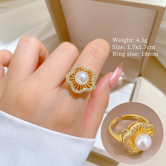 [Real Gold Plating] European and American Design Ins Style Geometric Diamond-Embedded Ball Ring Women's Cold Style Open Ring