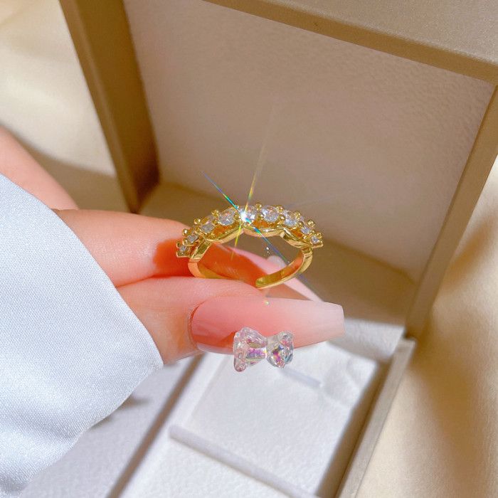 [Gold-Plated]Open Fully Stone-Set Women's Fashion Micro Inlay Light Luxury Ring Index Finger Ring Internet Celebri...
