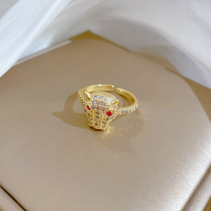 【Real Gold】Full Diamond Leopard Head Zircon Ring Adjustable Open Style Simple Hand Jewelry Japanese Style Couple Rings