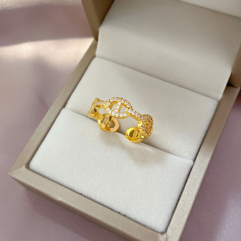 [Real Gold] Inlaid Diamond Pig Nose Open Ring for Women, Korean and Japanese Niche Simple Design Index Finger Ring, Internet Celebrity Ring