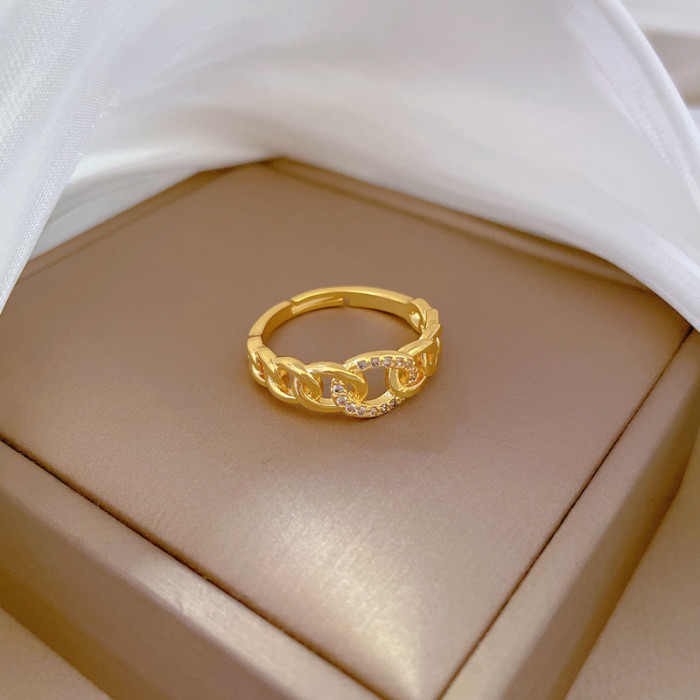 【Real Gold】Light Luxury Chain Full Diamond Ring Adjustable Open Simple Hand Jewelry Japanese Style Couple Rings