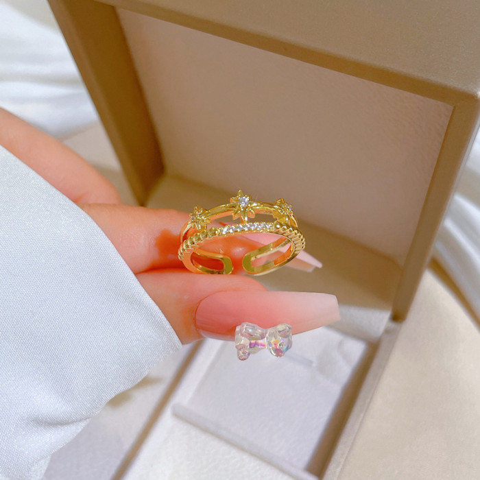 【Real Gold】Luxury Full Diamond Star Ring Adjustable Open Simple Hand Jewelry Japanese Style Couple Rings