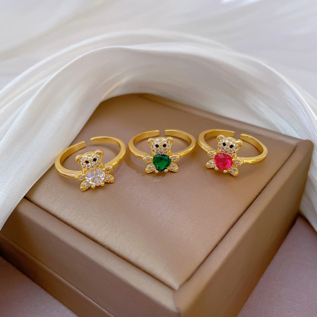 [Real Gold] Inlaid Diamond Bear Open Ring for Women, Korean and Japanese Niche Simple Design Index Finger Ring, Internet Celebrity Ring