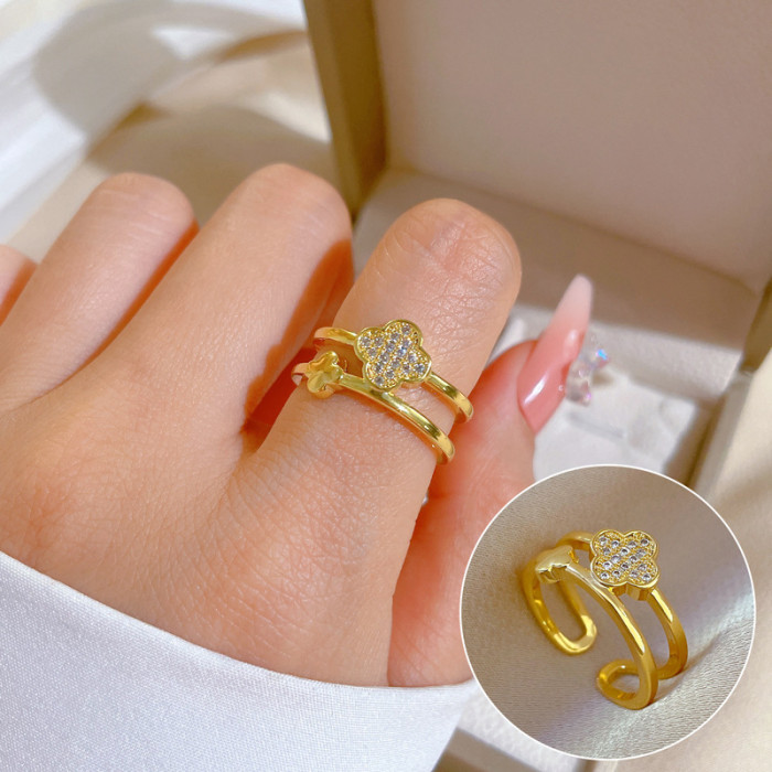 【Real Gold Plating】Open Double Layer Women's Fashion Micro Inlay Light Luxury Ring Index Finger Ring Internet Celebri...