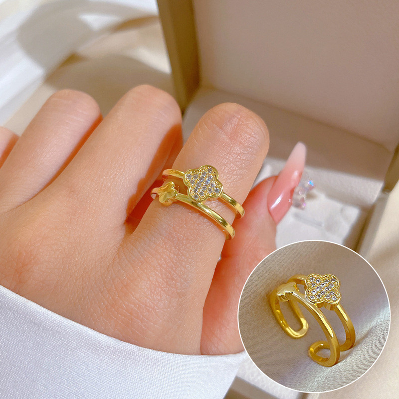 【Real Gold Plating】Open Double Layer Women's Fashion Micro Inlay Light Luxury Ring Index Finger Ring Internet Celebrity Same Style Minimalist Style