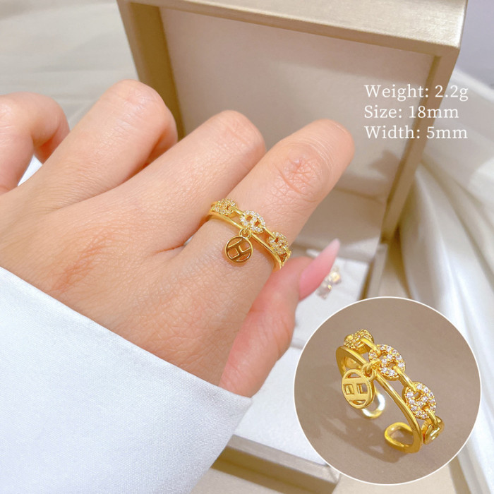 [Real Gold Plating] European and American Design Ins Style Geometric Diamond-Embedded Ball Ring Women's Cold Style Open Ring