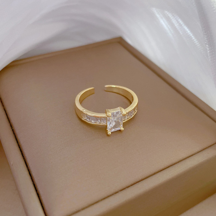 【Real Gold】Square Diamond Full Zircon Wedding Ring Adjustable Open Ring Simple Hand Jewelry Japanese Style Couple Rings