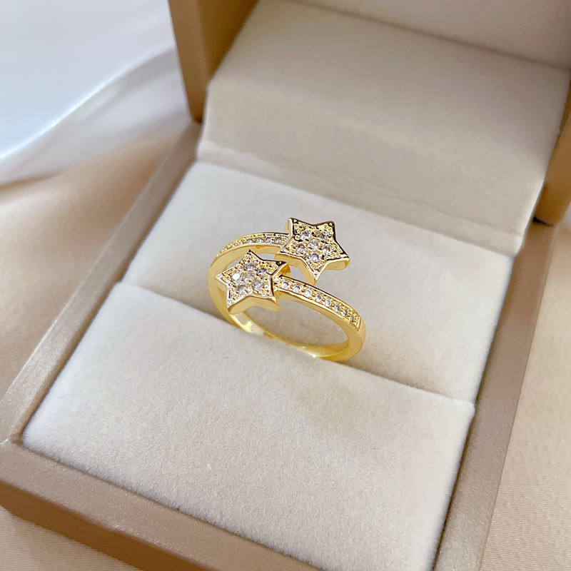 【Real Gold Plating】Open Five-Pointed Star Fashion Micro Inlay Light Luxury Ring Index Finger Ring Internet Celebrity Same Style Minimalist Style