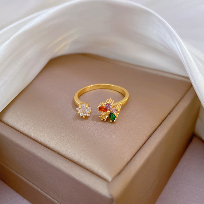 [Real Gold] Inlaid Diamond Flower Open Ring for Women, Korean and Japanese Niche Simple Design Index Finger Ring, Internet Celebrity Ring
