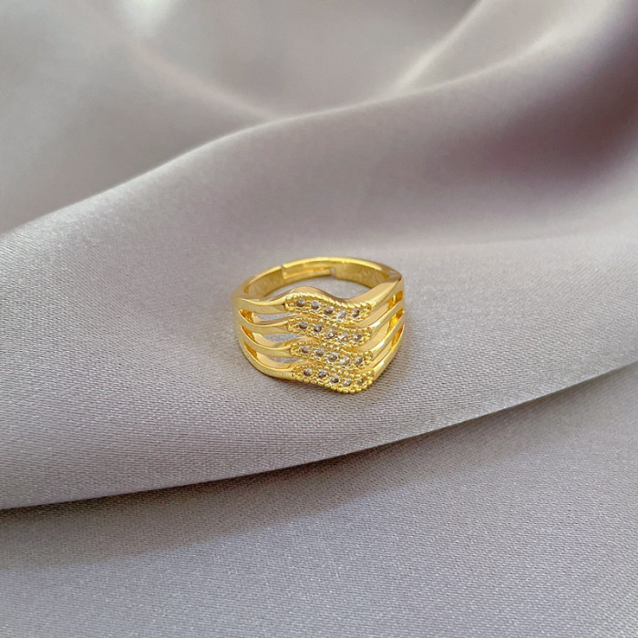 【Real Gold】Four-Layer Zircon Fashion Ring Adjustable Open Simple Hand Jewelry Japanese Style Couple Rings