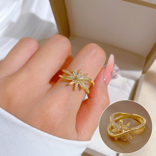 【Real Gold Plating】Open Starburst Women's Fashion Micro Inlay Light Luxury Ring Index Finger Ring Internet Celebrity Same Style Minimalist Style