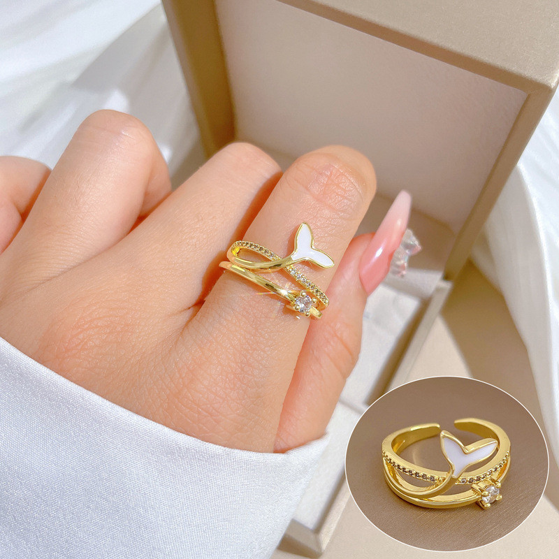 【Real Gold】Mermaid Tail Fashion Ring Adjustable Open Simple Hand Jewelry Japanese Style Couple Rings