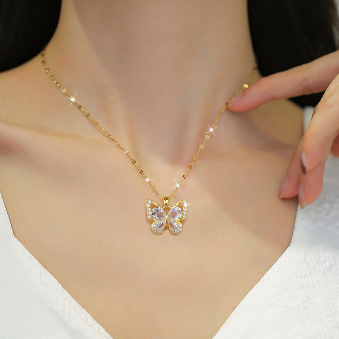 [Titanium Steel] Zircon Butterfly Necklace Earrings Set Light Luxury Micro Inlay Personality Temperament Banquet Earrings Necklace Combination