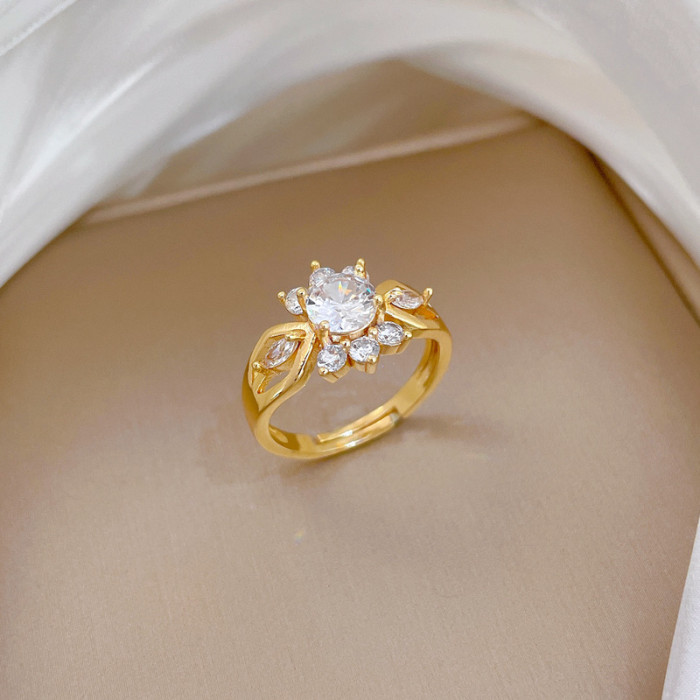 【Real Gold】Full Diamond Personalized Zircon Ring Adjustable Open Simple Hand Jewelry Japanese Style Couple Rings