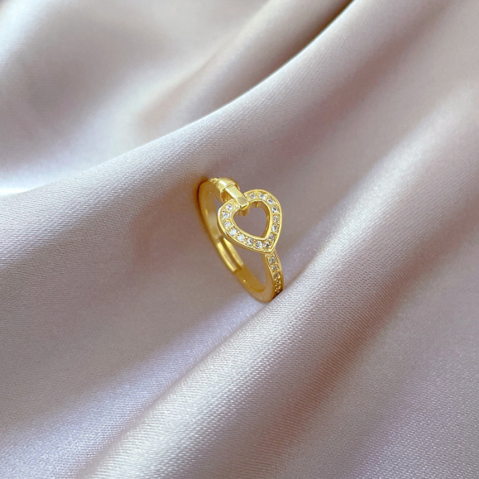 【Real Gold】Light Luxury Heart Full Diamond Ring Adjustable Open Simple Hand Jewelry Japanese Style Couple Rings