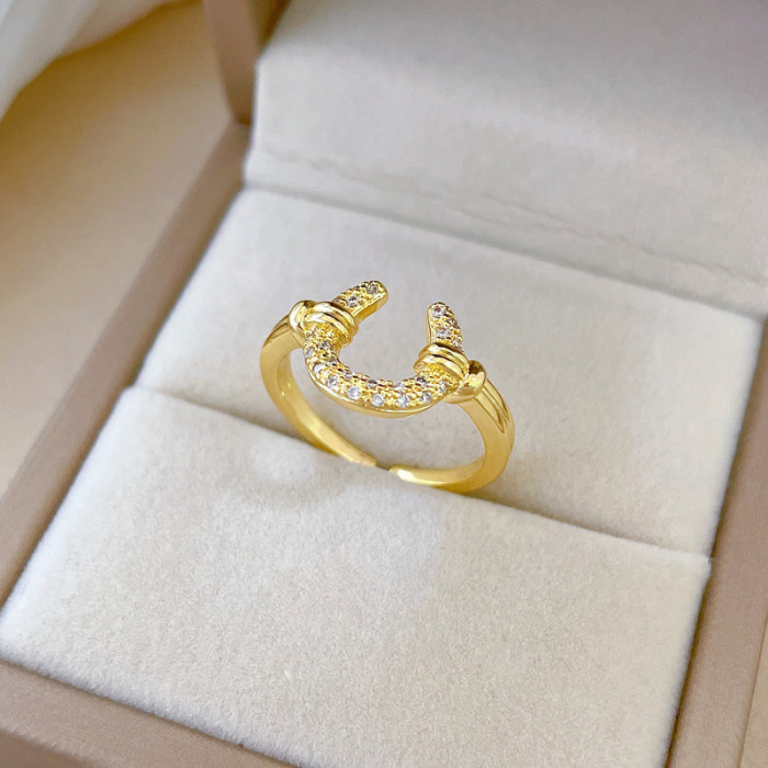 【Real Gold】Crescent Moon Full Diamond Ring Adjustable Open Simple Hand Jewelry Japanese Style Couple Rings