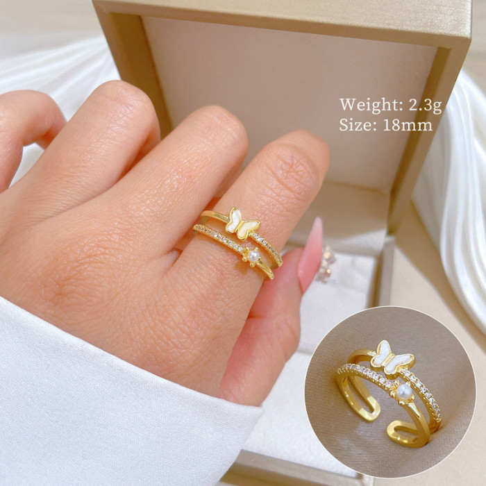[Real Gold Plating] European and American Design Ins Style Geometric Diamond-Embedded Ball Ring Women's Cold Style Open Ring