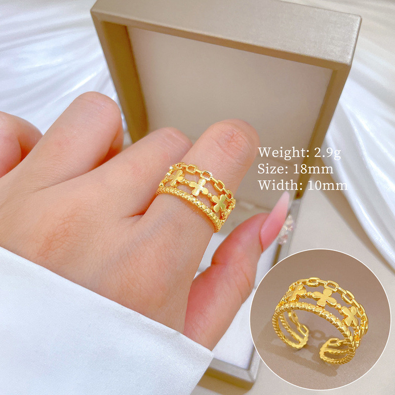 【Real Gold】Minimalist Style Lucky Clover Ring Adjustable Open Simple Hand Jewelry Japanese Style Couple Rings