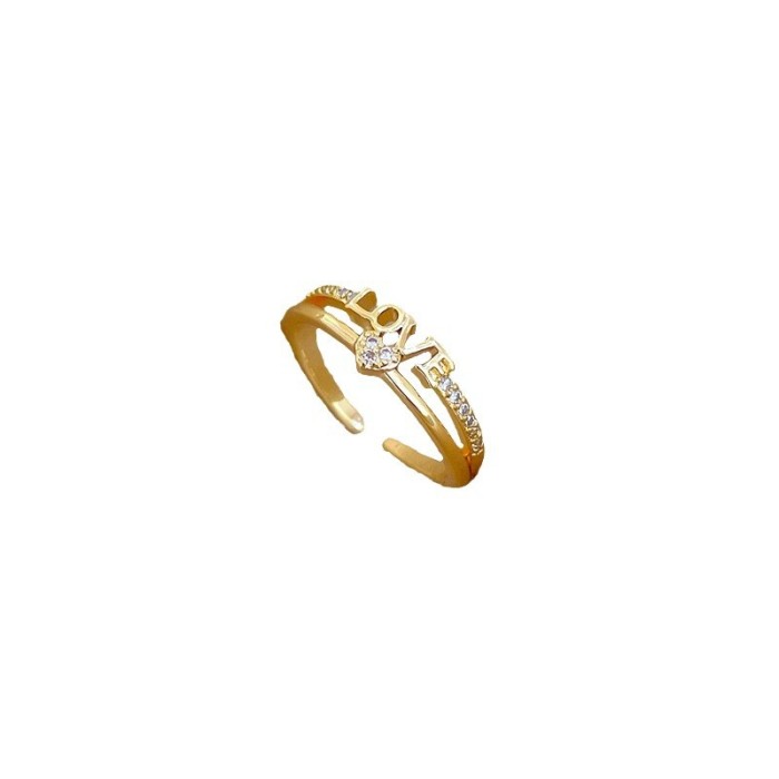 【Real Gold】Heart LOVE Zircon Ring Adjustable Open Style Simple Jewelry Japanese Style Couple Rings