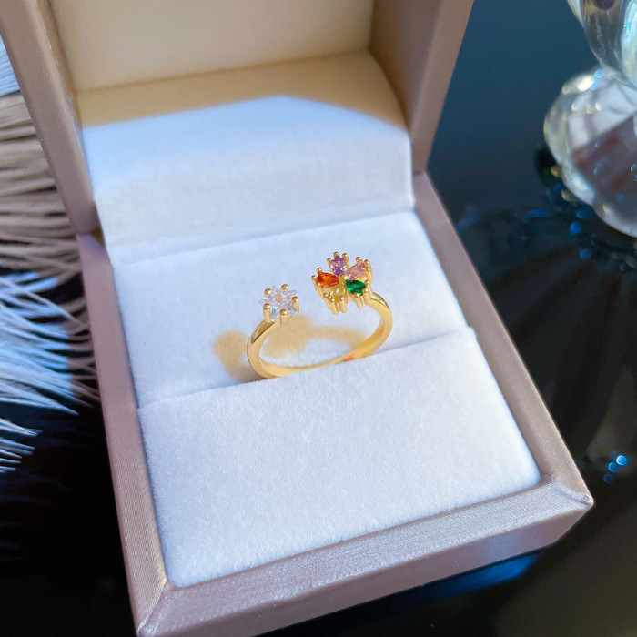 [Real Gold] Inlaid Diamond Flower Open Ring for Women, Korean and Japanese Niche Simple Design Index Finger Ring, Internet Celebrity Ring