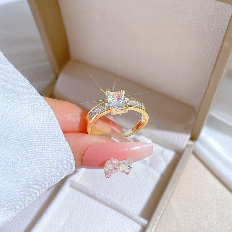 【Real Gold】Square Diamond Full Zircon Wedding Ring Adjustable Open Ring Simple Hand Jewelry Japanese Style Couple Rings