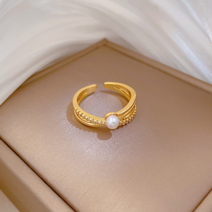 【Real Gold】Cross Pearl Full Diamond Ring Adjustable Open Simple Hand Jewelry Japanese Style Couple Rings