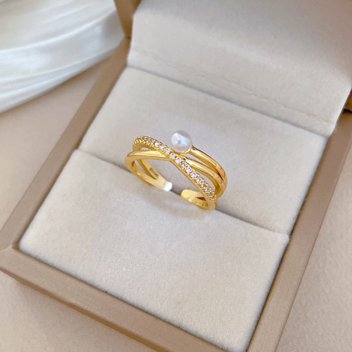 【Real Gold】Cross Pearl Full Diamond Ring Adjustable Open Simple Hand Jewelry Japanese Style Couple Rings
