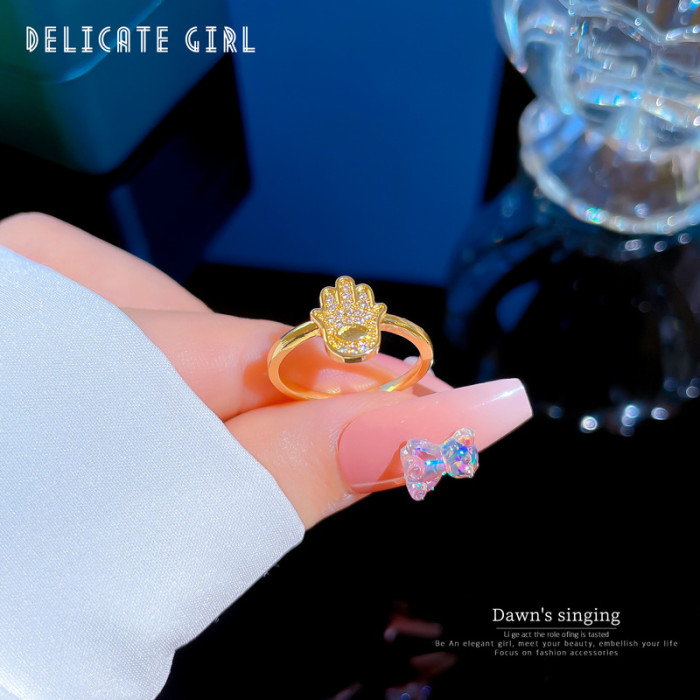[Real Gold] Korean Version Full Diamond Palm Ring Adjustable Open Simple Hand Jewelry Japanese Style Couple Rings