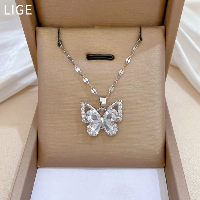 [Titanium Steel] Zircon Butterfly Necklace Earrings Set Light Luxury Micro Inlay Personality Temperament Banquet Earrings Necklace Combination