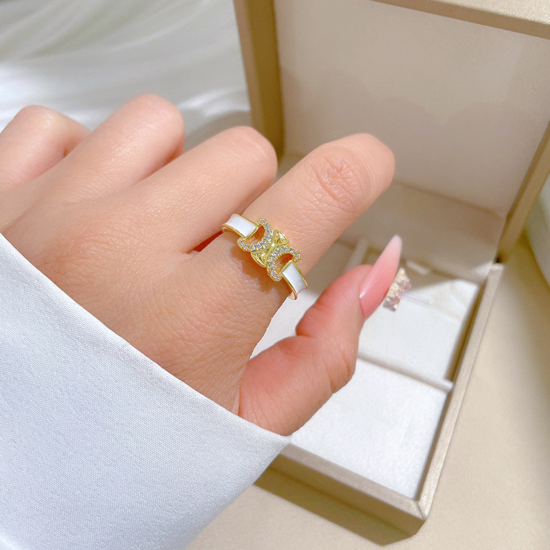 [Real Gold] Oil Drop Double C Full Diamond Ring Adjustable Open Simple Hand Jewelry Japanese Style Couple Rings