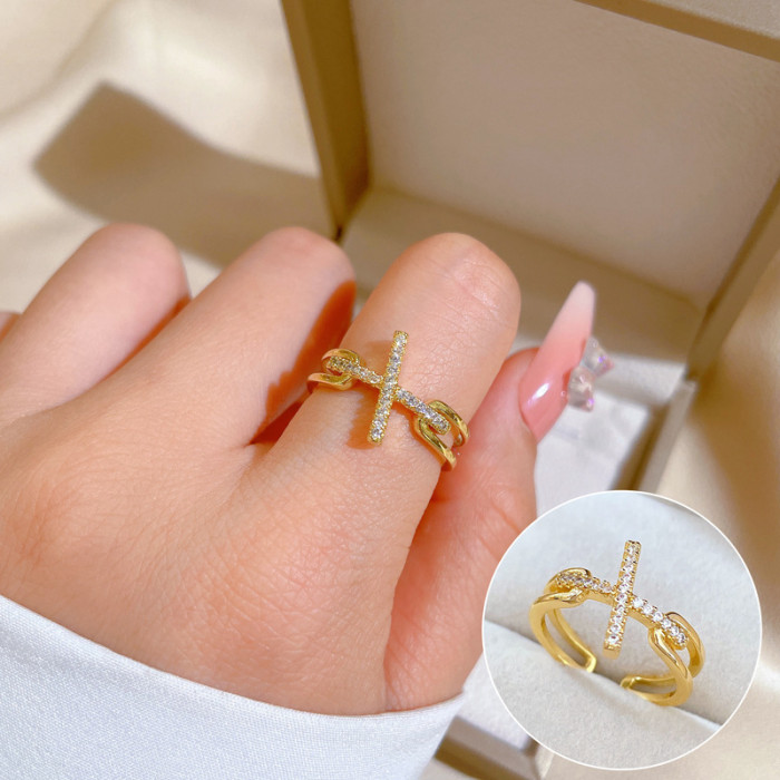[Real Gold Plating] European and American Design Ins Style Geometric Diamond-Embedded Ball Ring Women's Cold Style Open Ring