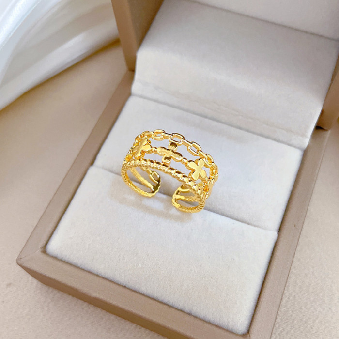【Real Gold】Minimalist Style Lucky Clover Ring Adjustable Open Simple Hand Jewelry Japanese Style Couple Rings