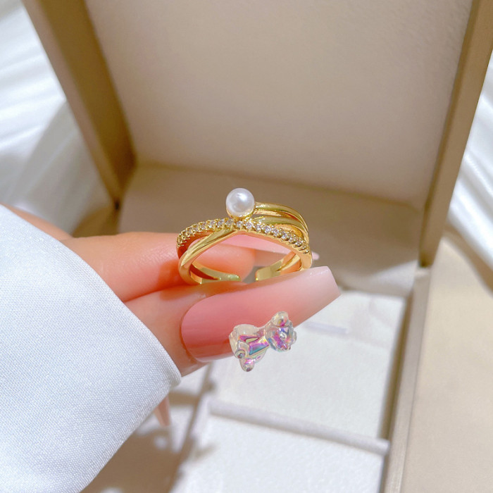 【Real Gold】Cross Pearl Full Diamond Ring Adjustable Open Simple Hand Jewelry Japanese Style Couple Rings