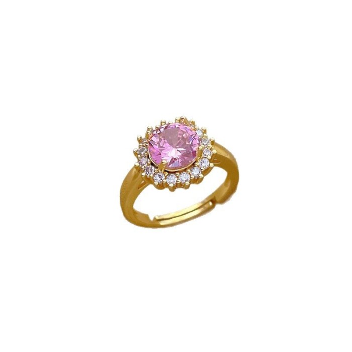 [Real Gold] Pink Round Full Diamond Ring Adjustable Open Simple Hand Jewelry Japanese Style Couple Rings