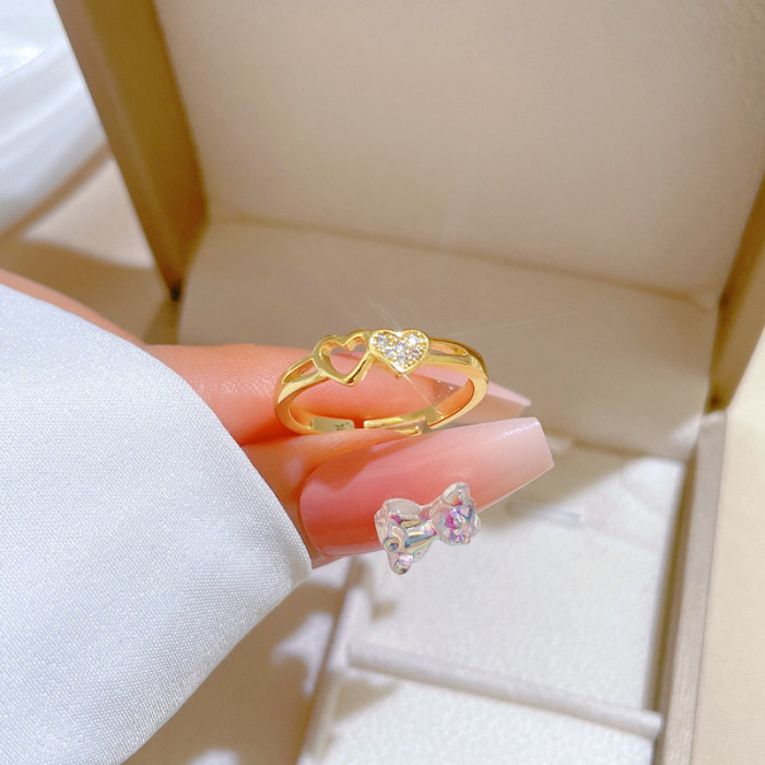 【Real Gold】Heart-Shaped Hollow Small Ring Adjustable Open Simple Hand Jewelry Japanese Style Couple Rings