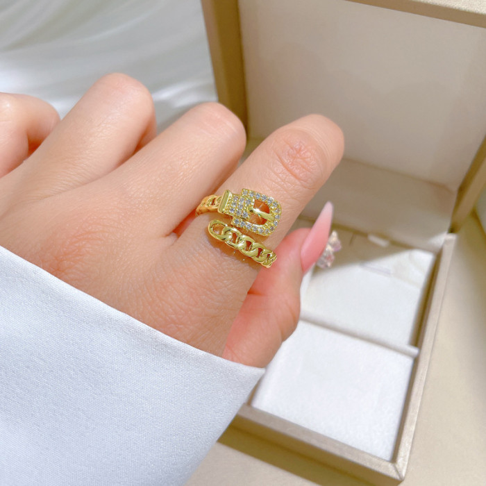 [Real Gold] Chain Belt Full Diamond Ring Adjustable Open Simple Hand Jewelry Japanese Style Couple Rings