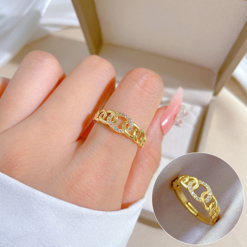 【Real Gold】Light Luxury Chain Full Diamond Ring Adjustable Open Simple Hand Jewelry Japanese Style Couple Rings