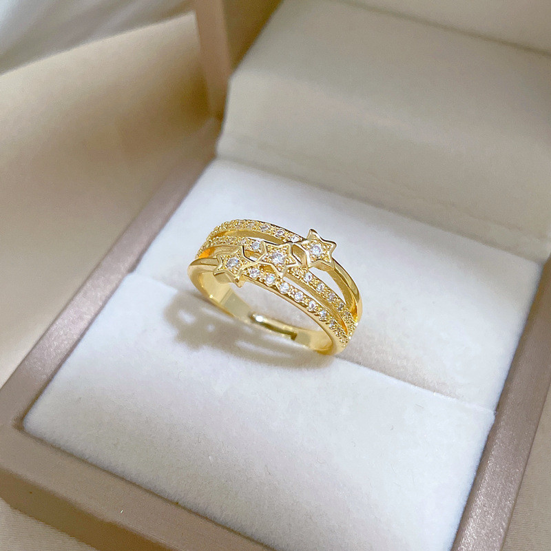 [Real Gold] Three-Layer Star Full Diamond Ring Adjustable Open Simple Hand Jewelry Japanese Style Couple Rings